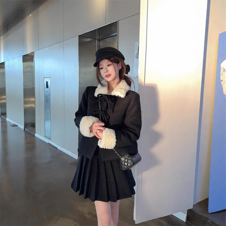 实拍～黑色毛呢毛领加厚外套女韩系高级感时尚休闲毛呢上衣女装