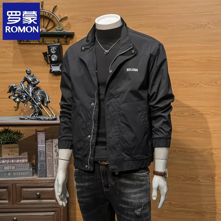 罗蒙春秋时尚新款男士休闲字母刺绣立领外套高端简约修身工装夹克
