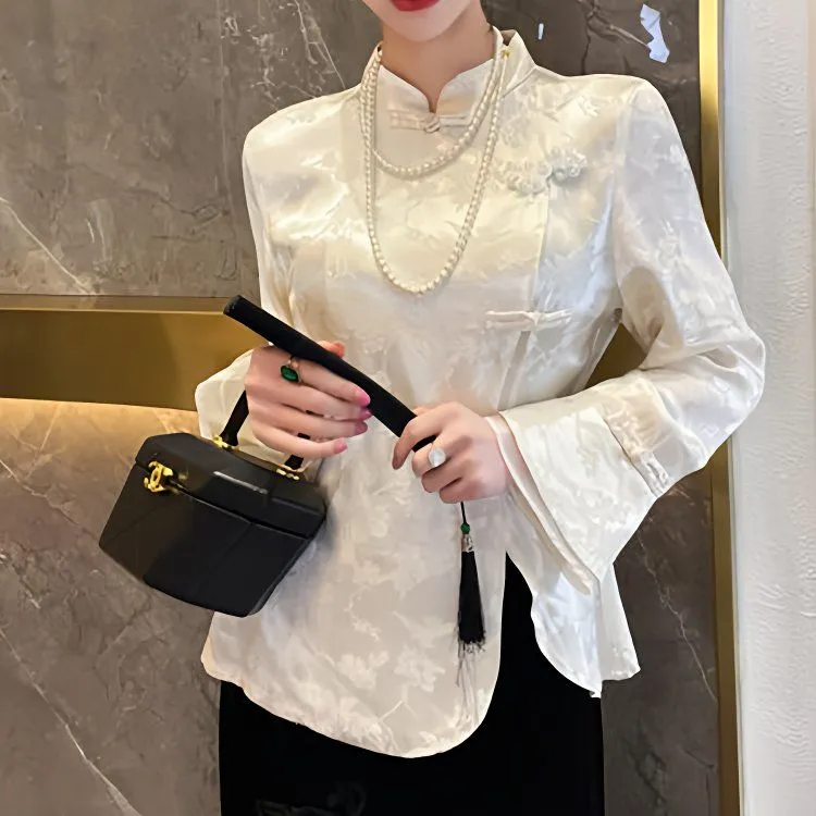 新中式国风复古盘扣白色提花长袖衬衫女款高级感上衣