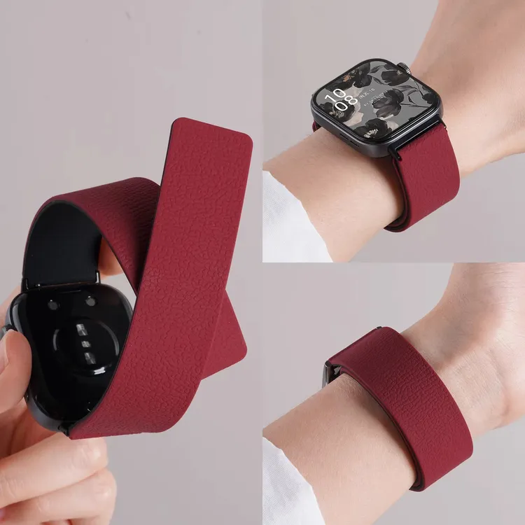 适用华为fit4表带硅胶软磁吸fit3荔枝纹新年酒红华为fit4pro女冬