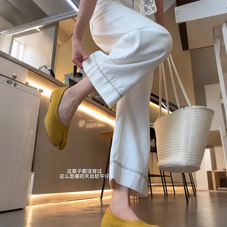 白色天丝九分牛仔裤女2025夏季薄款高腰小个子宽松显瘦刺绣阔腿裤