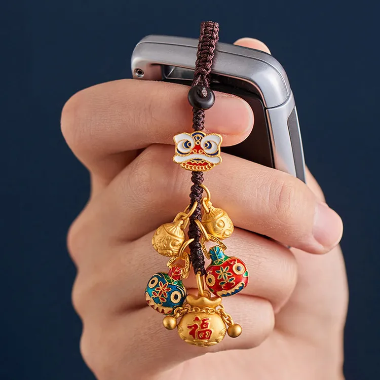 钥匙扣镀金色财神爷一家三口四口吞金兽古法金挂饰汽车钥匙链挂件