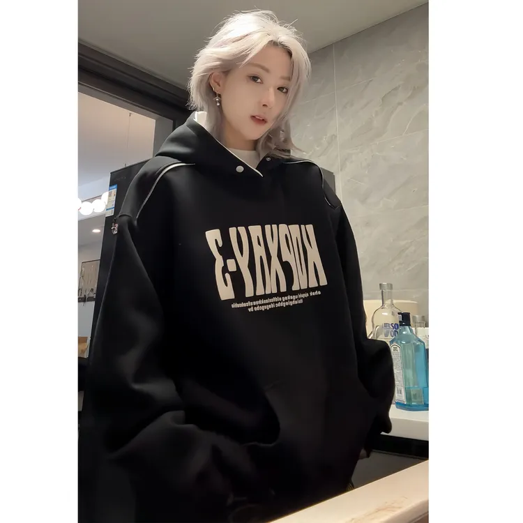 460G重磅美式街头潮牌发泡字母拉链情侣连帽加绒加厚卫衣帽衫男女