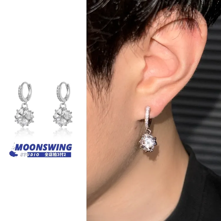 合金锆石耳饰 欧美超闪三维球耳环设计感满钻耳扣耳夹精致耳坠男