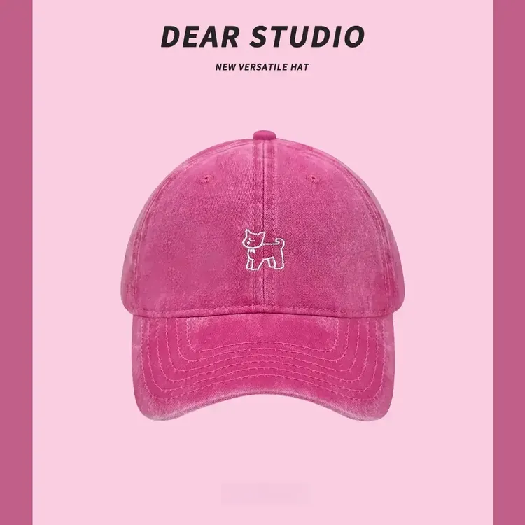 韩版玫红色可爱猫咪刺绣棒球帽子女春夏季遮阳显脸小鸭舌帽H285