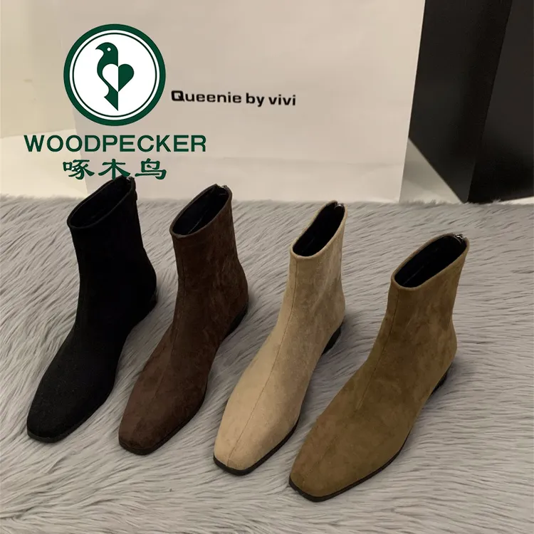 啄木鸟绒面韩系小踝靴2025年新款秋冬季时尚马丁靴咖色瘦瘦短靴子