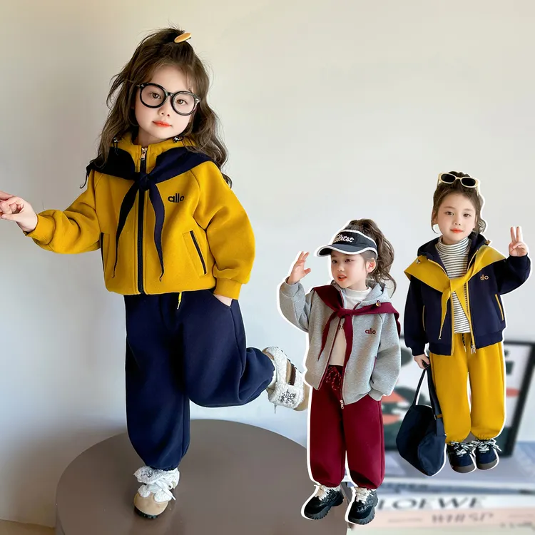 女童加绒套装儿童秋冬装新款韩版加厚卫衣女宝宝冬季保暖三件套潮
