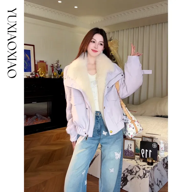 余潇潇【甜心奶狐】90白鹅绒保暖可拆狐狸毛翻领定染派克羽绒服