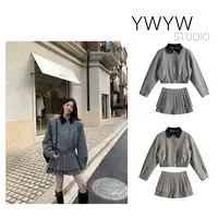 【YWYW25F/W】收腰夹棉皮翻领短外套+双层百褶高腰短裙套装61860