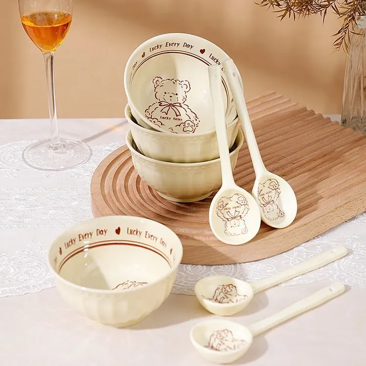N碗家用饭碗网红高颜值幸运熊2碗2勺可爱小清新釉下彩碗勺卡通