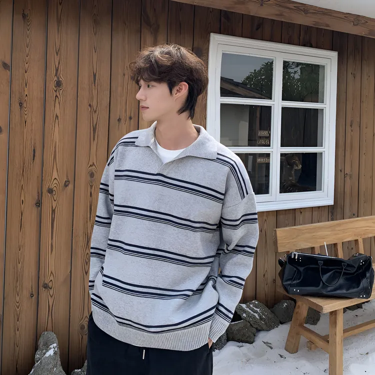 【YIMING】秋冬翻领美式休闲条纹宽松针织简约百搭痞帅复古毛衣