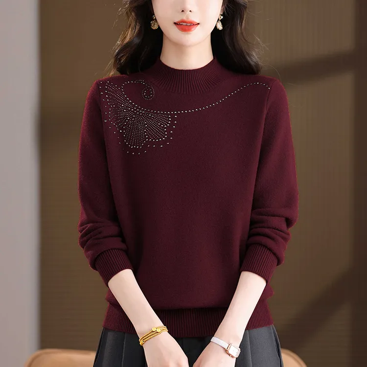 秋冬洋气时髦大码烫钻针织衫女宽松遮肉显瘦毛衣百搭半高领打底衫