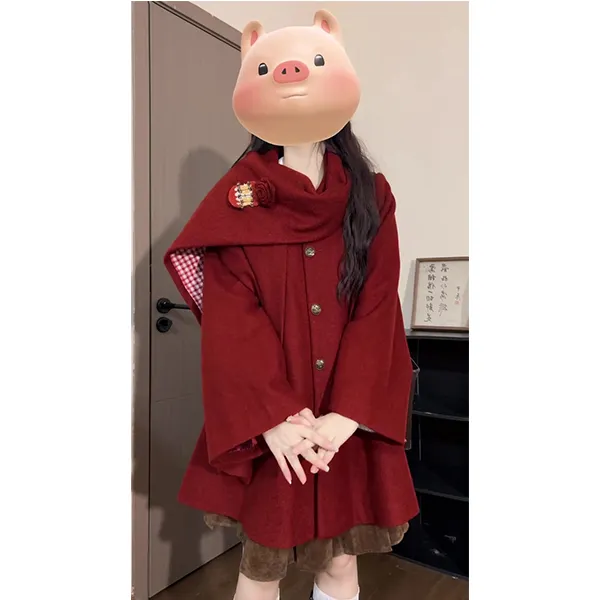 韩系气质甜美风毛呢斗篷外套女2025秋冬季新款小个子红色短款大衣