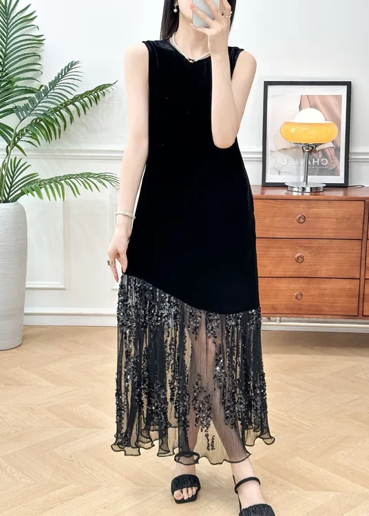 收腰款闪耀亮片100%桑蚕丝真丝丝绒连衣裙