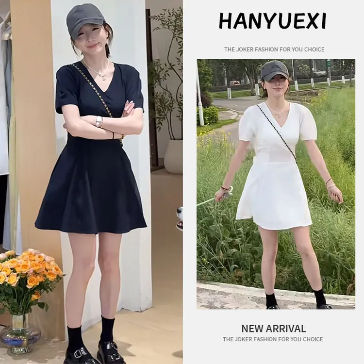 【现货】夏季时尚一整套女装2025爆款收腰V领后背镂空设计感连衣裙