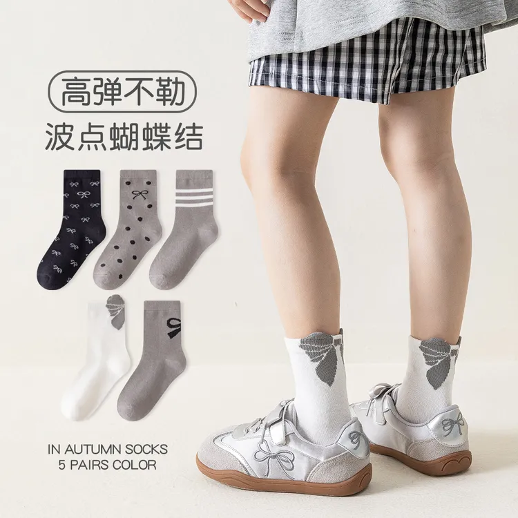 女童袜子春秋薄款蝴蝶结高弹儿童中筒袜秋季圆点ins女孩防臭棉袜
