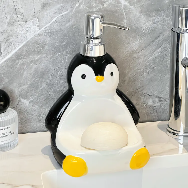 萌趣小企鹅两用乳液瓶二合一香皂盒创意洗手液瓶免打孔陶瓷香皂碟