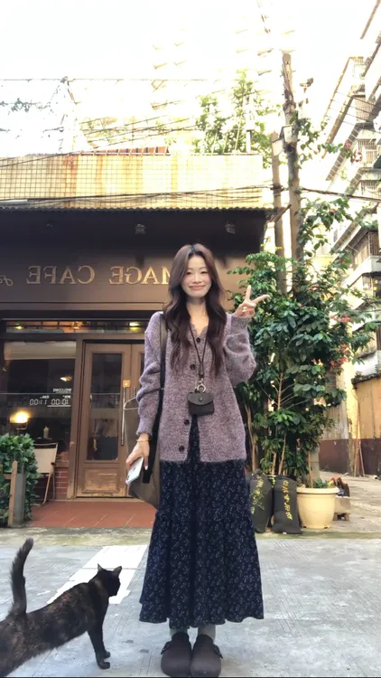 【清风鸢尾】韩系高级感气质紫色针织开衫外套碎花暗色半身裙套装