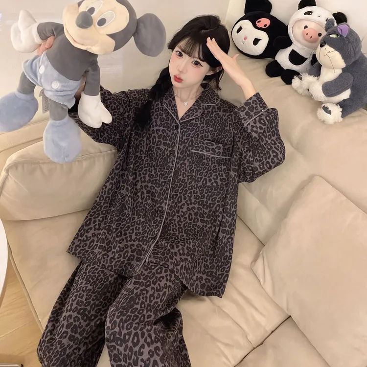 高级感豹纹睡衣女款宽松大码秋冬季可外穿棉质长袖保暖家居服套装