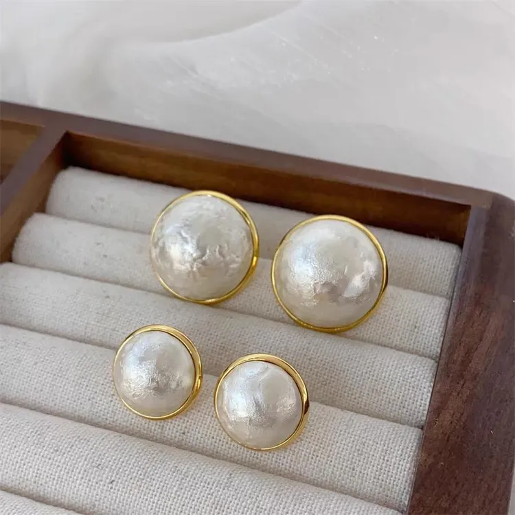 铜合金仿珍珠耳饰 法式金边棉花珠高级小众设计感时尚简约百搭