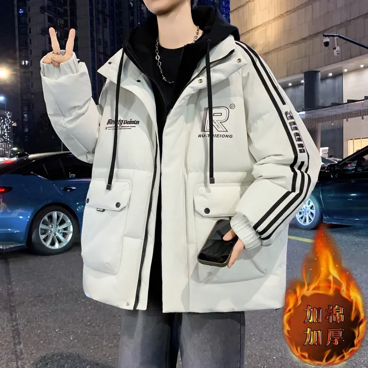 冬季青少年假两件男士连帽棉衣港风百搭潮流宽松学生保暖棉服外套