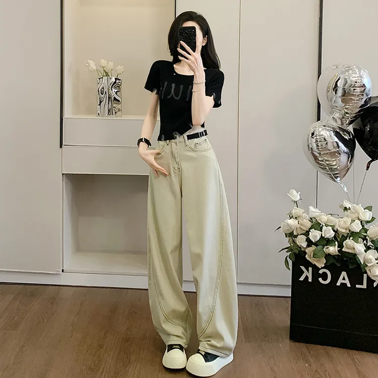 欧美辣妹风正肩短袖t恤女美式短款上衣高腰显瘦弯刀阔腿牛仔裤子