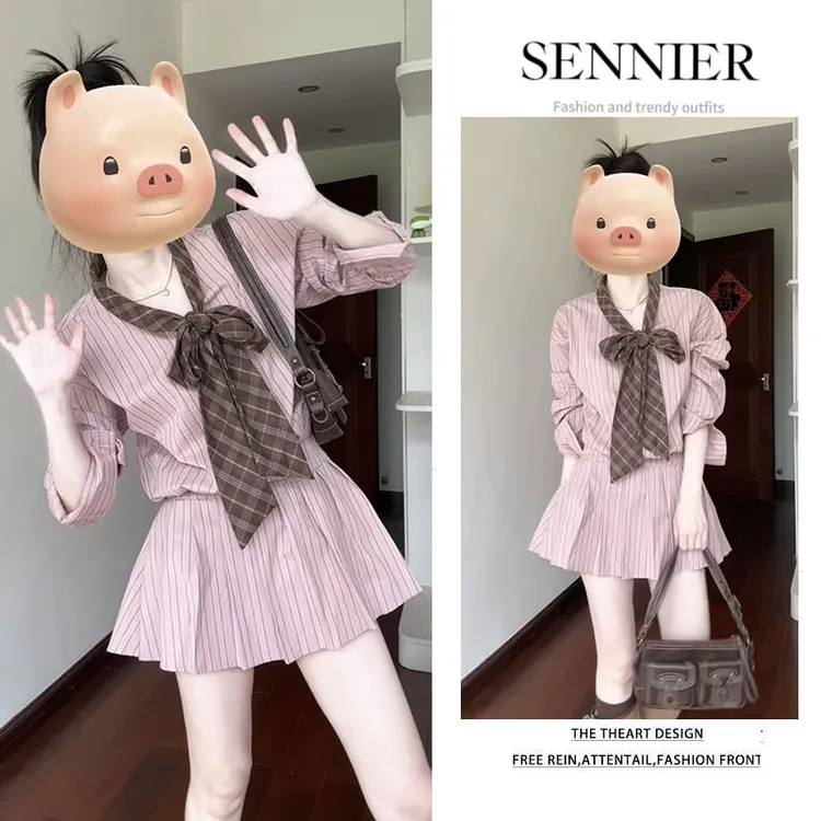 韩系穿搭女2025新款法式条纹长袖衬衫连衣裙女收腰显瘦通勤短裙潮