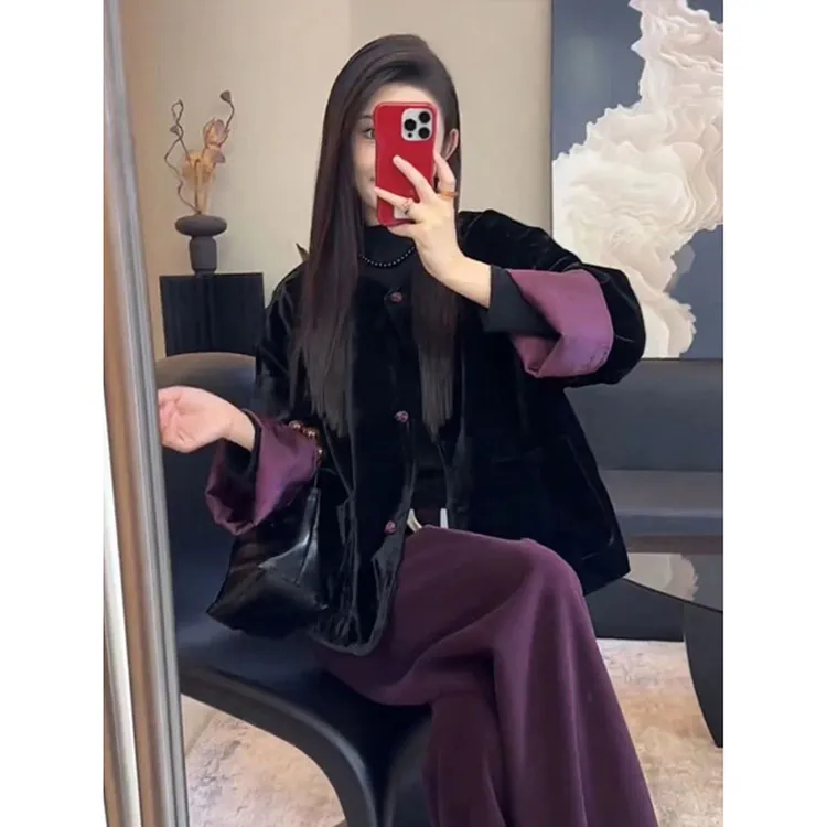 胖mm大码300斤复古撞色国风上衣套装女春秋高腰显瘦阔腿裤两件套2