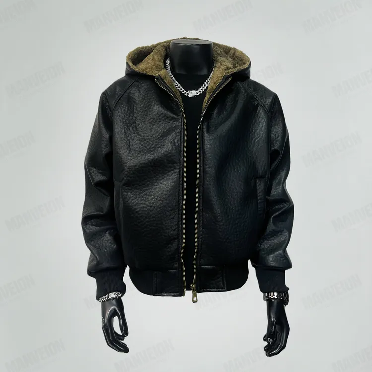 MANVEION脊煞重磅座山雕加绒加厚皮衣连帽棉服短宽外套马年限定
