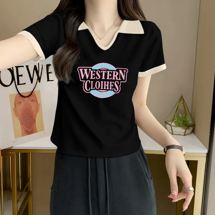 大码胖mm设计感撞色翻领短袖T恤女士夏季纯欲风辣妹修身显瘦上衣
