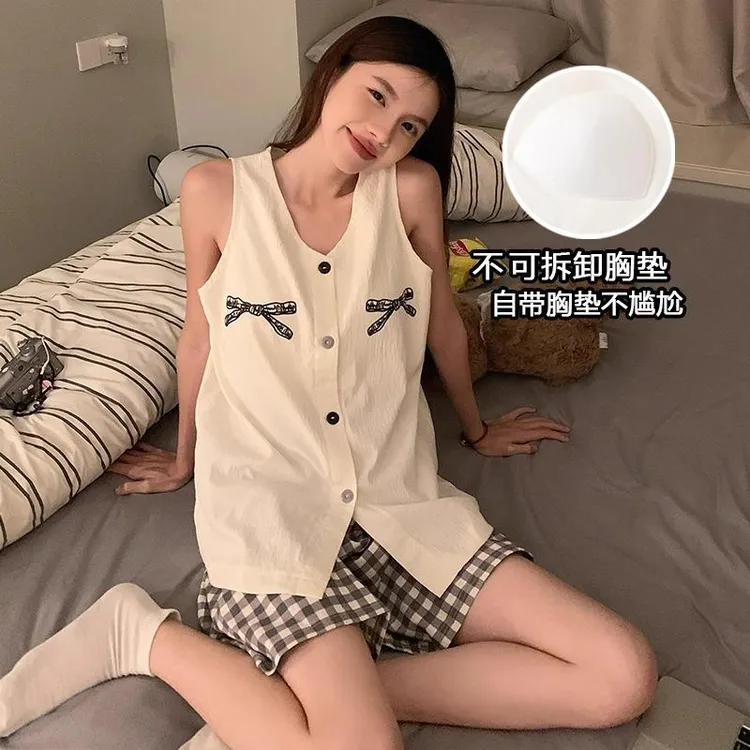 GPSUNLU云朵棉甜美背心开衫睡衣女夏季新款可外穿格子短裤家居服
