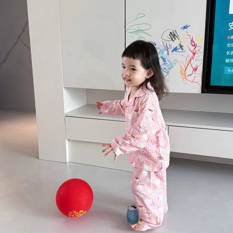 双层纱翻领对门长袖长裤家居服亲子套装