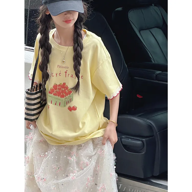 K28907韩系花边女童短袖T恤2025夏装新款儿童百搭休闲上衣打底衫t