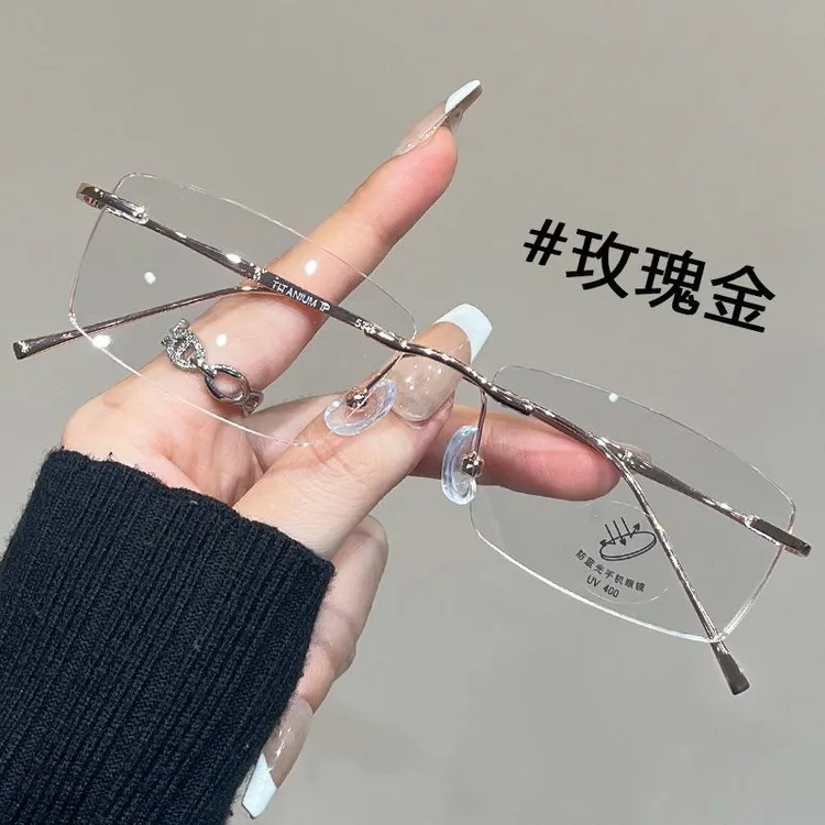 斯文金丝超轻无边框近视眼镜女纯钛可配度数纯欲方框高智平光镜男