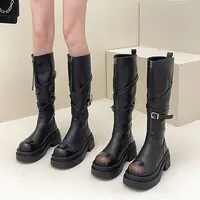 OJRZ复古设计感百搭休闲骑士靴女2025秋冬新皮带扣厚底增高显瘦靴
