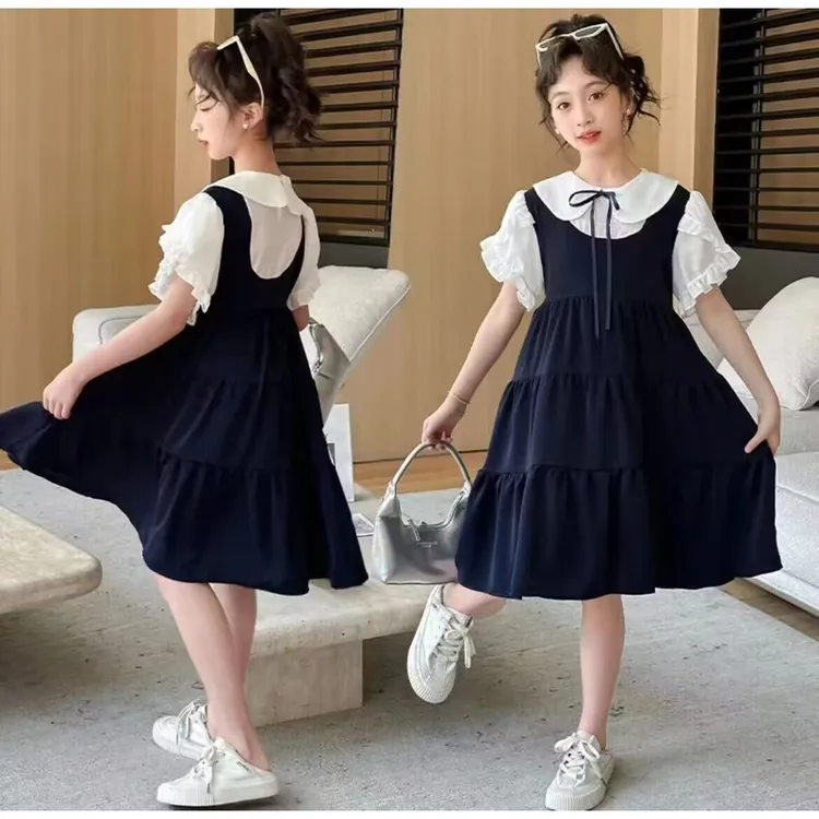 【现货高货】2025夏季儿童夏装公主裙女大童短袖假两件裙子