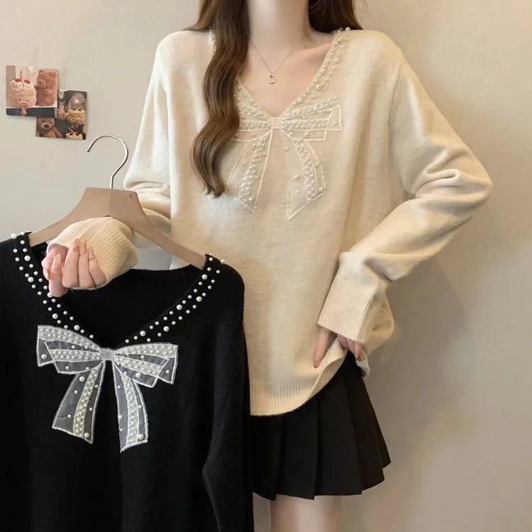 （9958）大码V领蝴蝶结款式显瘦针织衫毛衣长袖洋气上衣女胖MM秋冬