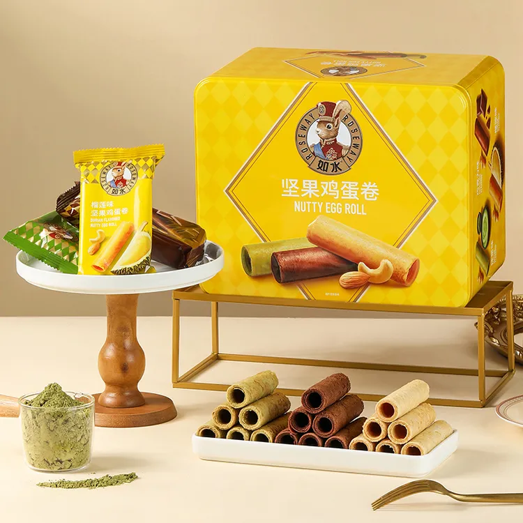 如水坚果鸡蛋卷礼盒480g三口味蛋卷早餐下午茶糕点零食铁盒装送人