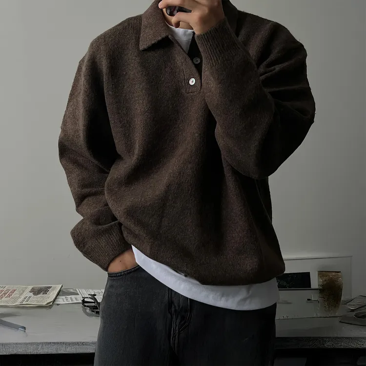 polo领男孩毛衣秋冬美式老风毛织衫休闲通勤上衣翻领套头针织衫