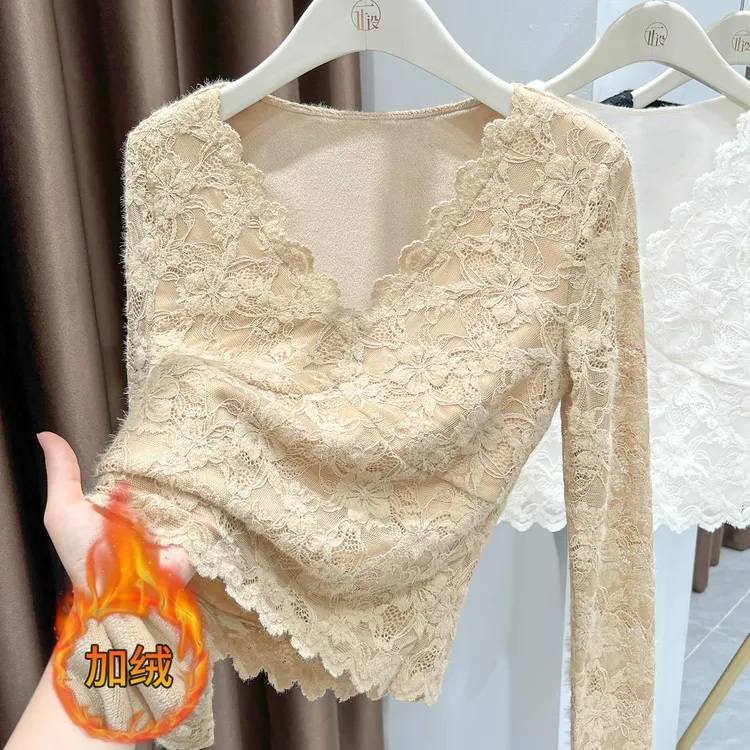 高端卡其色花边低领加绒蕾丝上衣秋冬爆款高级感磨毛保暖打底衫