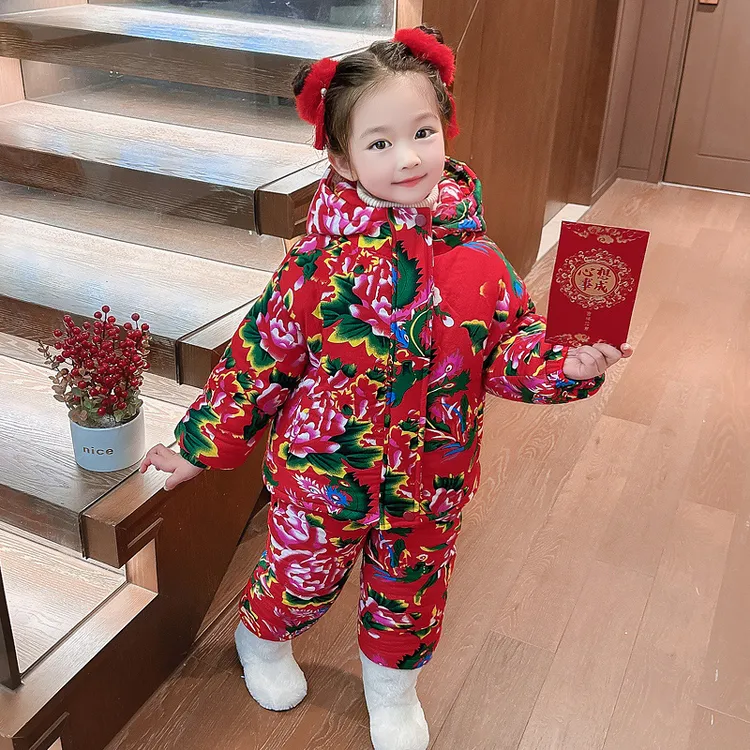男女童东北大花棉袄套装儿童冬季保暖拜年服宝宝棉服冬装过年衣服