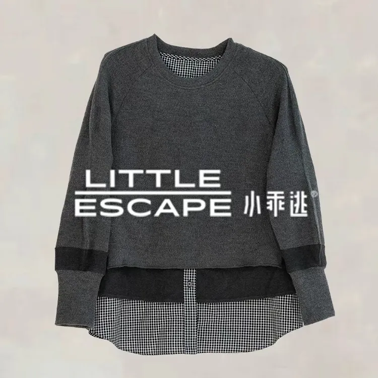 小乖逃时尚假两件圆领黑灰色卫衣格子下摆保暖百搭款N95258