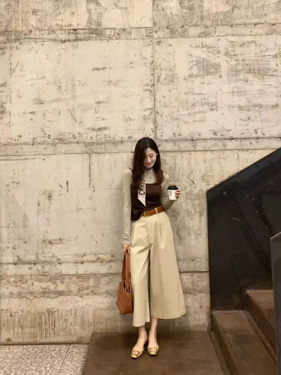 2025早秋新款韩系简约琼脂打底衫吊带叠穿百搭阔腿休闲裤三件套