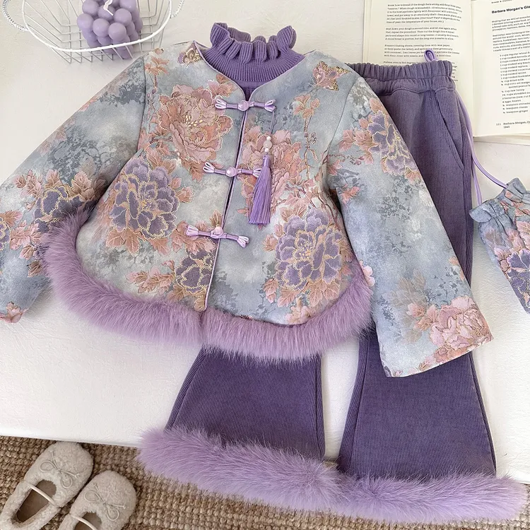 【新中式·慕】冬季儿童加绒国风刺绣碎花拼接毛毛拜年服套装D68879