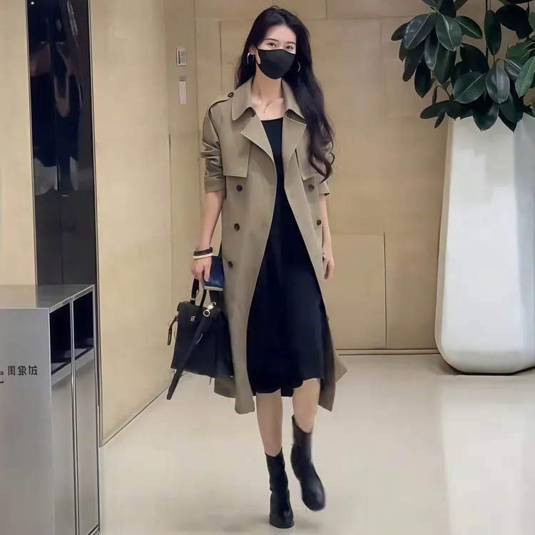 小个子风衣外套女中长款2025春秋新款韩版气质收腰系带绿色大衣