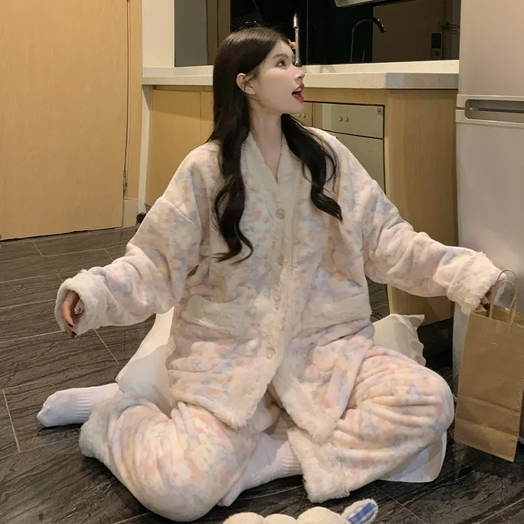 珊瑚绒睡衣女款春秋冬季2025新款加厚法兰绒甜美公主风家居服套装