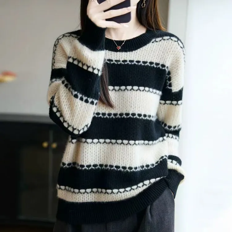 100%纯羊毛撞色衫复古风秋季打底衫针织条纹女装时尚百搭圆领冬季