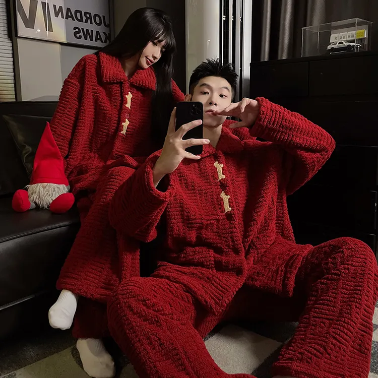 【新年专属】新年红色情侣睡衣女秋冬珊瑚绒加厚喜庆男士家居服冬天