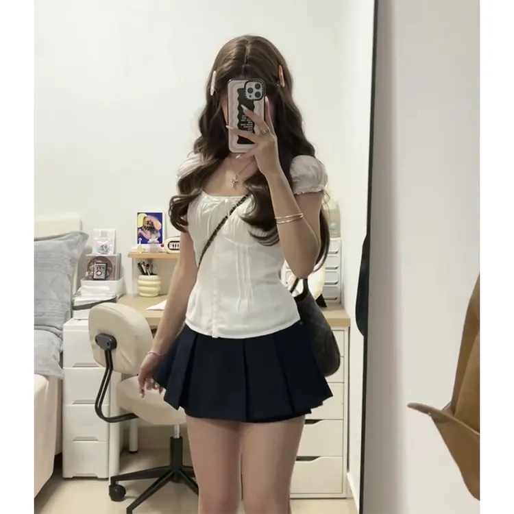 2025夏季新款女法式气质系带褶皱短袖上衣百搭高腰显瘦A字半身裙