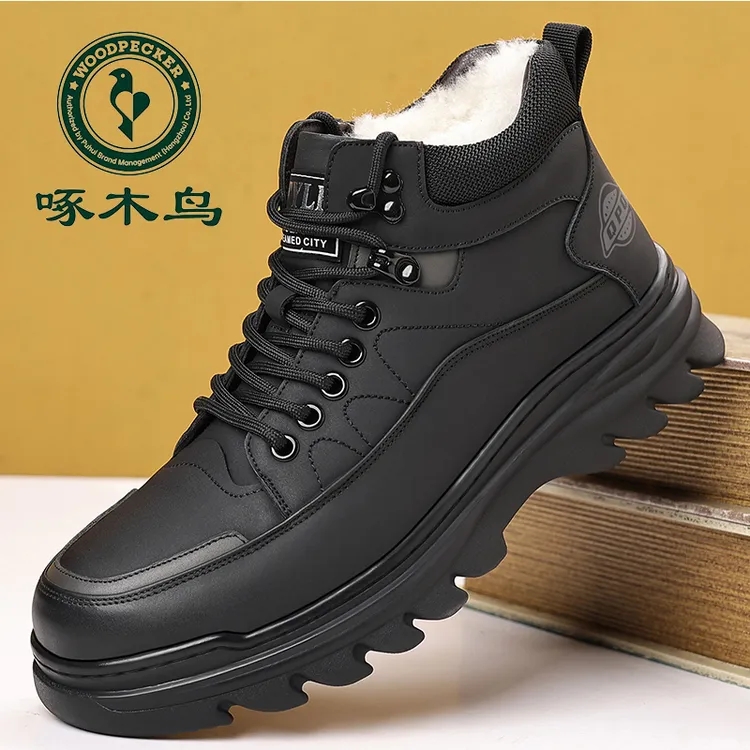 啄木鸟棉鞋男牛皮冬季加绒加厚保暖高帮靴真皮防滑休闲工装雪地靴